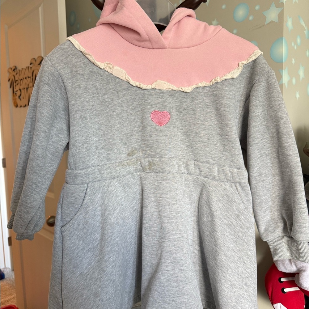 Gray and Pink Hooded Dress with Heart Detail